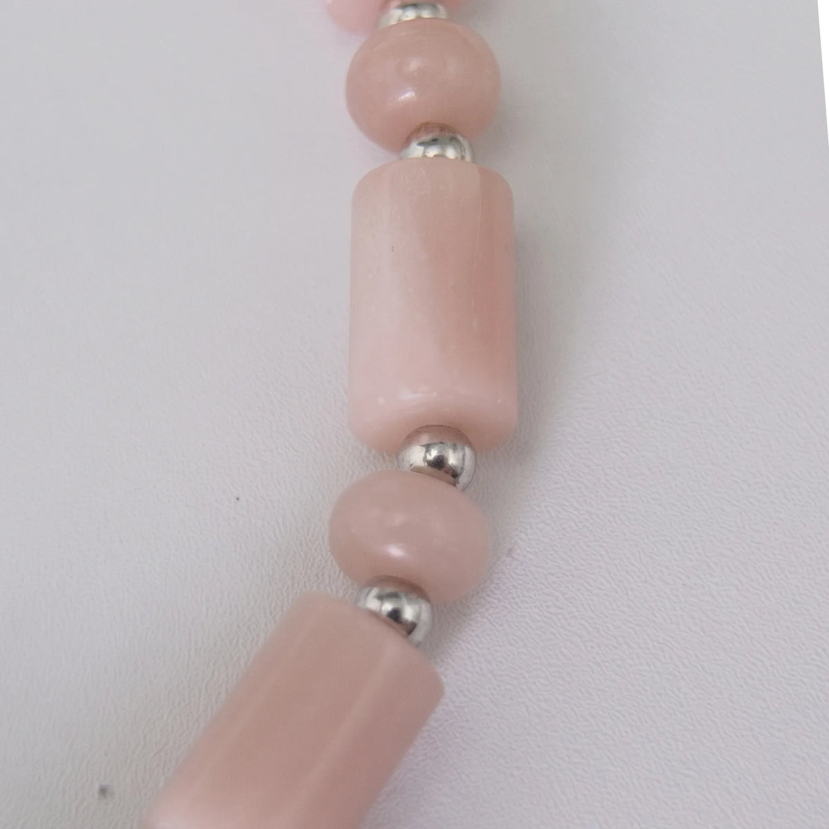 Pink opal initial necklace with barrel and rondelle beads, sterling silver spacers and a bubble letter pendant