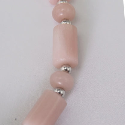 Pink opal initial necklace with barrel and rondelle beads, sterling silver spacers and a bubble letter pendant