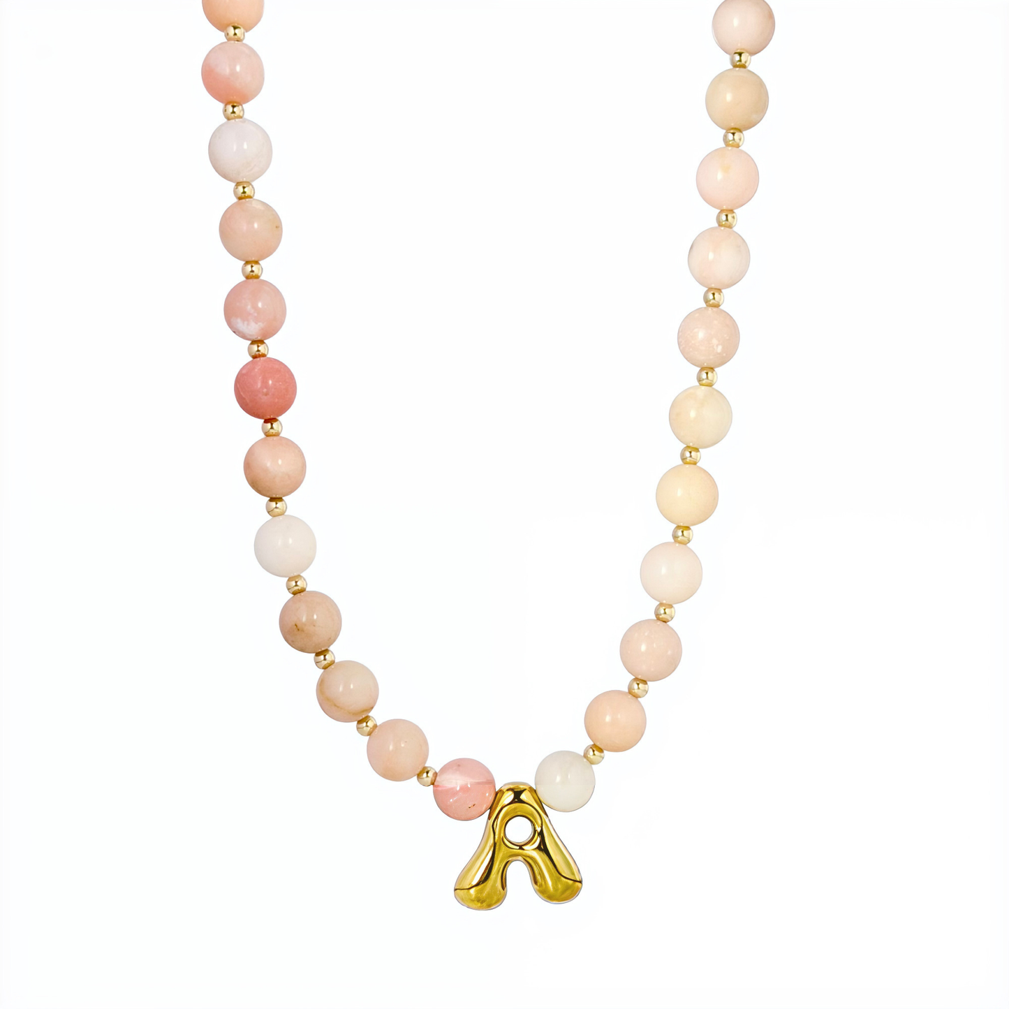 Pink opal beaded necklace with gold filled spacer beads and gold initial pendant MXW Jewellery