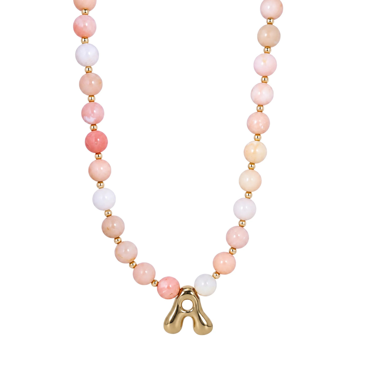 Pink opal beaded necklace with gold filled spacer beads and gold initial pendant MXW Jewellery