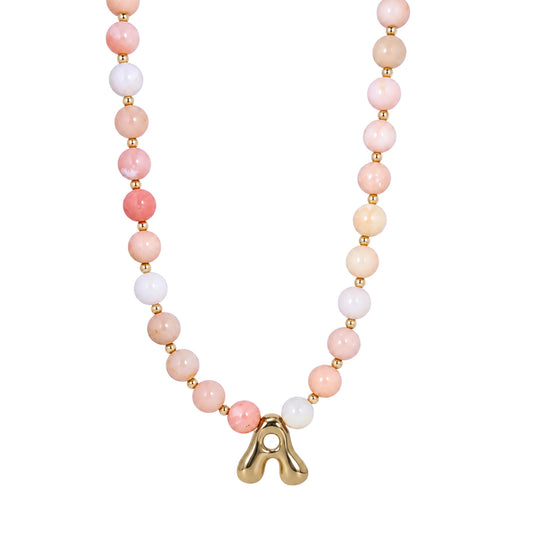 Pink opal beaded necklace with gold filled spacer beads and gold initial pendant MXW Jewellery