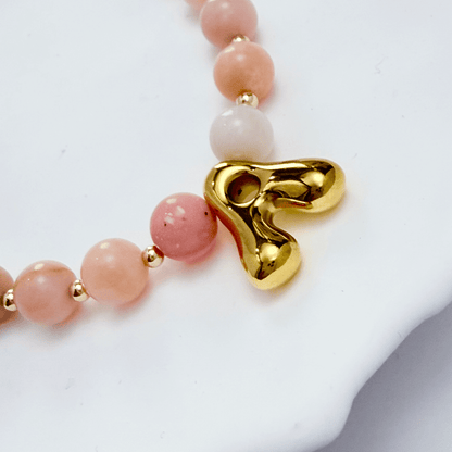Pink opal beaded necklace with gold filled spacer beads and gold initial pendant MXW Jewellery