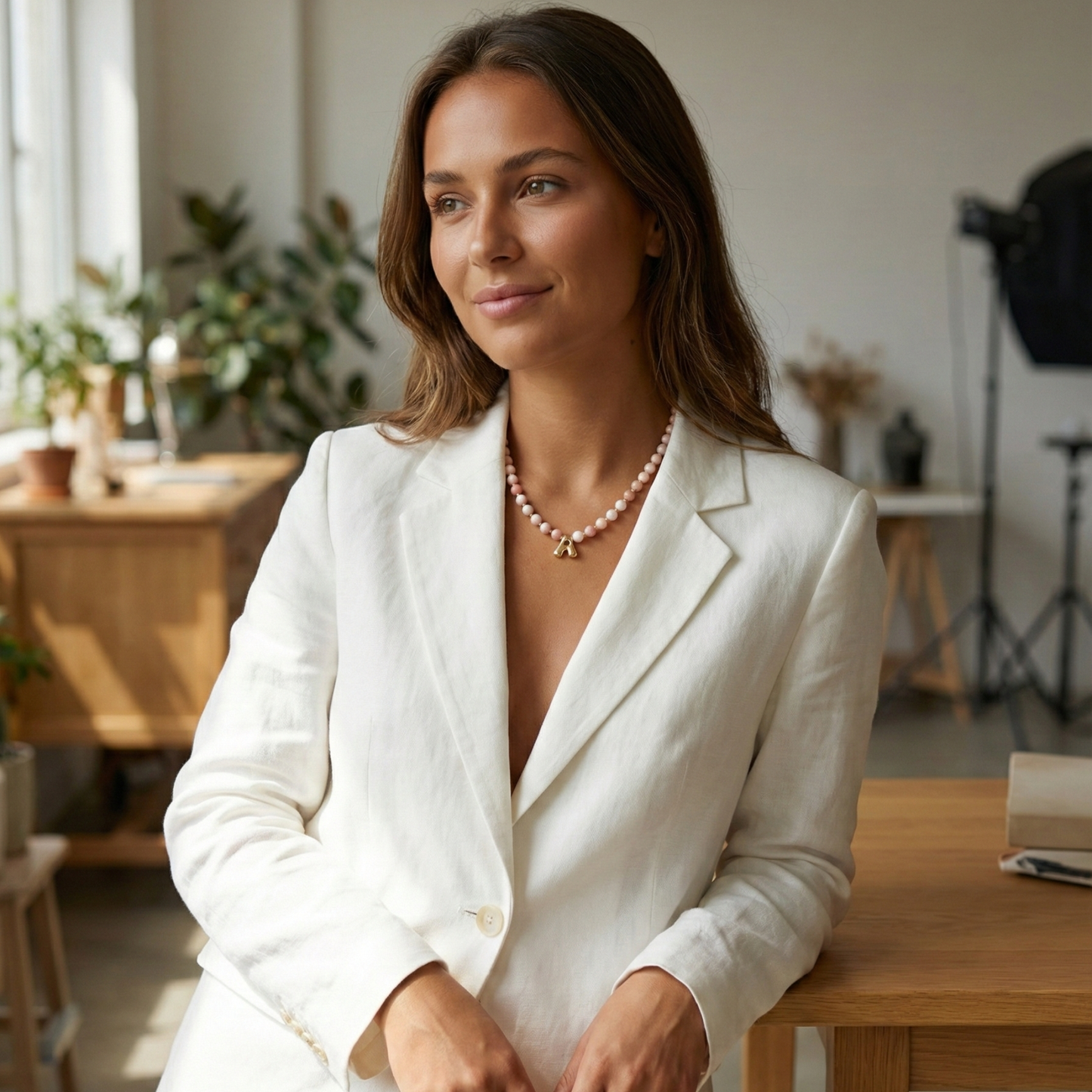 Pink opal beaded necklace with gold filled spacer beads and gold initial pendant MXW Jewellery