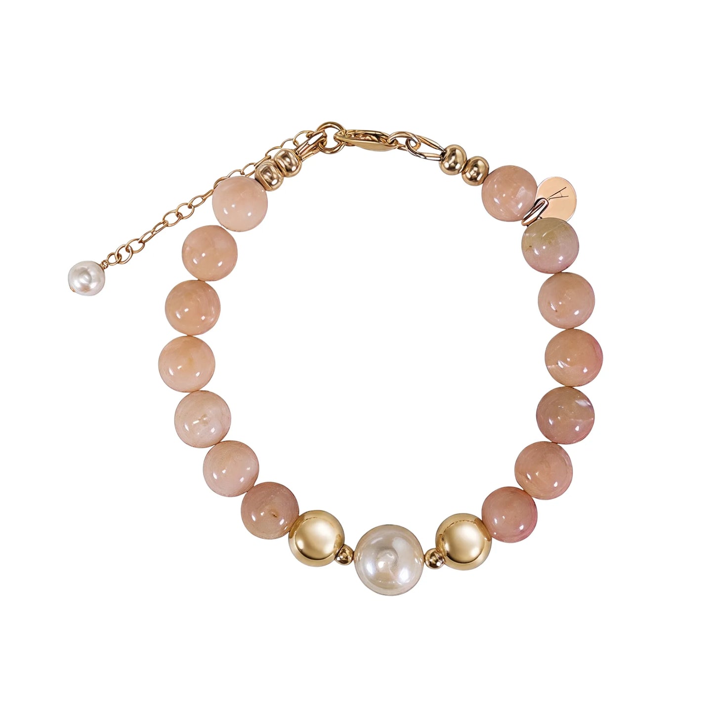 MXW Jewellery pink opal beaded bracelet with stamped initial disc and premium freshwater pearl.