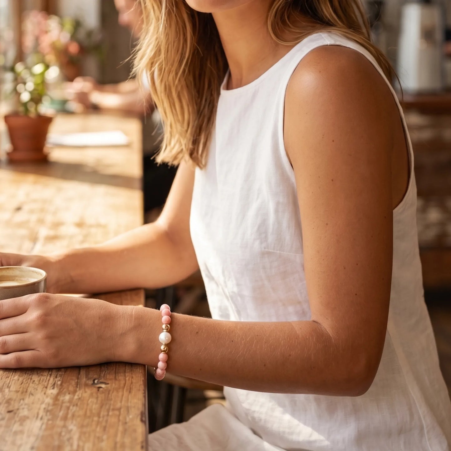 MXW Jewellery pink opal beaded bracelet with stamped initial disc and premium freshwater pearl.