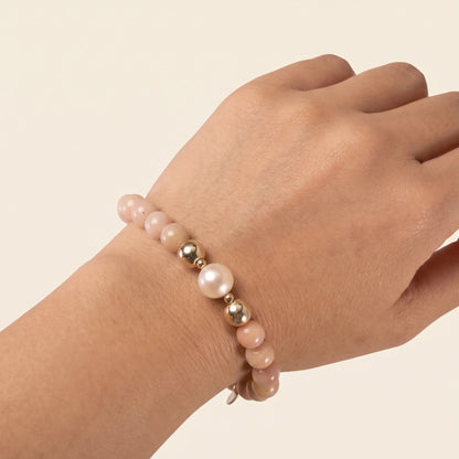 MXW Jewellery pink opal beaded bracelet with stamped initial disc and premium freshwater pearl.