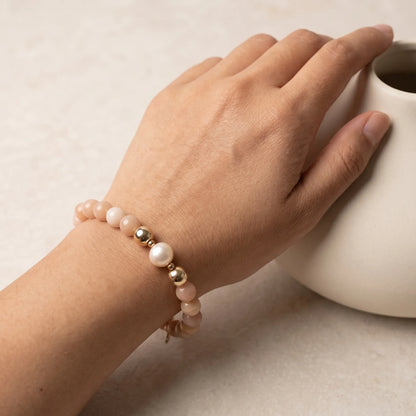 MXW Jewellery pink opal beaded bracelet with stamped initial disc and premium freshwater pearl.