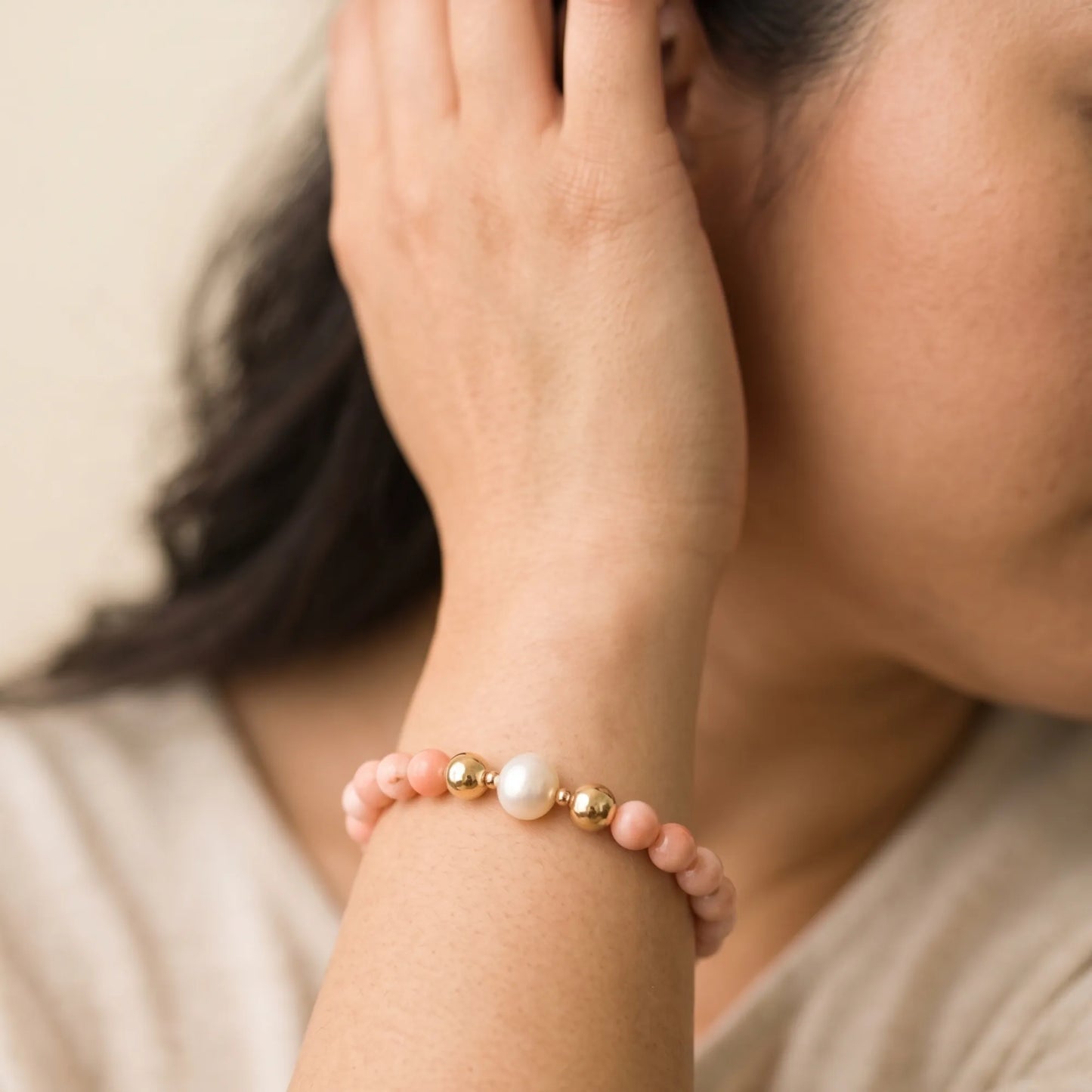 MXW Jewellery pink opal beaded bracelet with stamped initial disc and premium freshwater pearl.