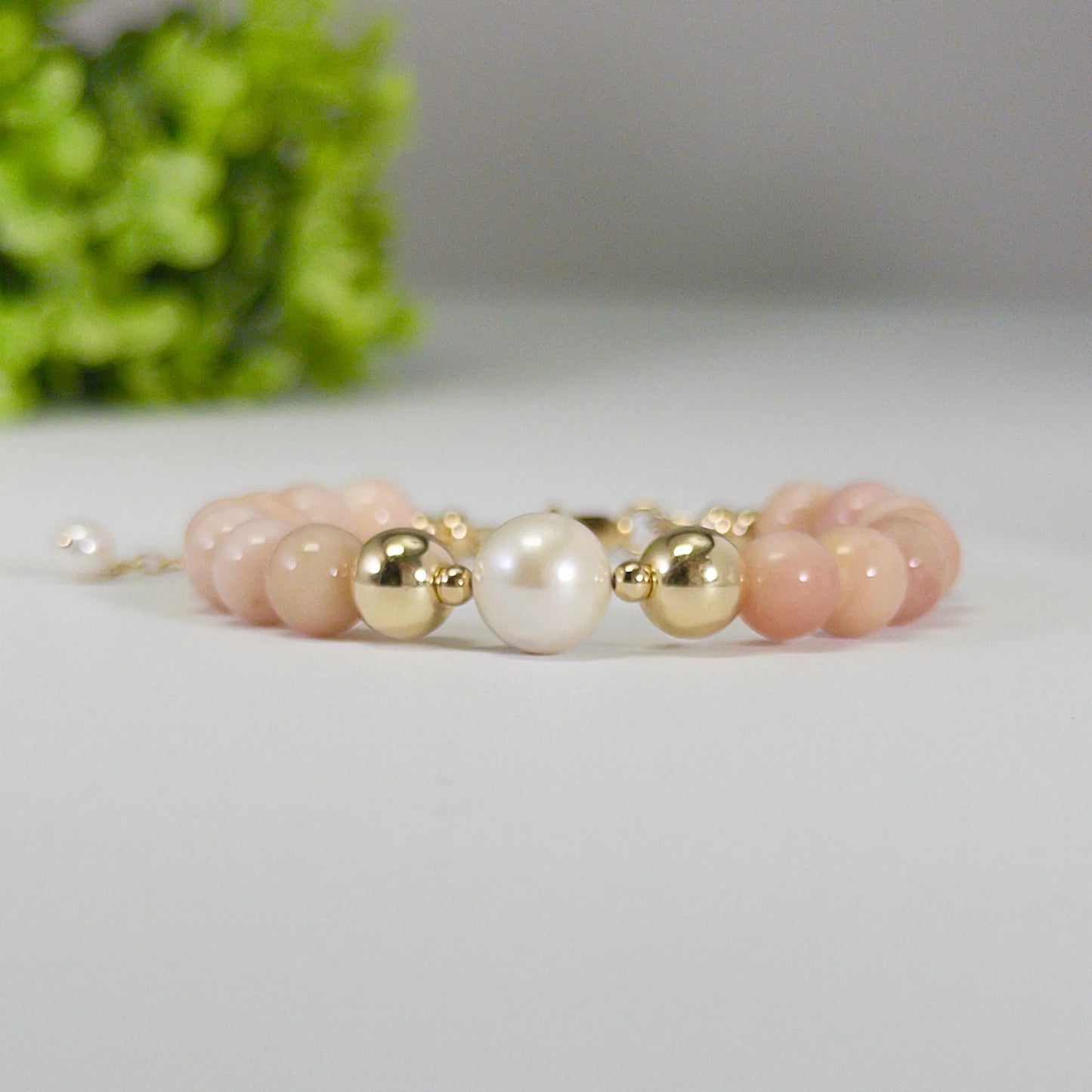 MXW Jewellery pink opal beaded bracelet with stamped initial disc and premium freshwater pearl.