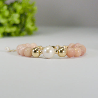 MXW Jewellery pink opal beaded bracelet with stamped initial disc and premium freshwater pearl.