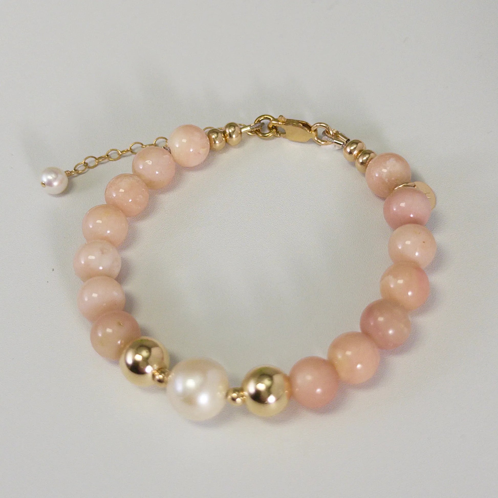 MXW Jewellery pink opal beaded bracelet with stamped initial disc and premium freshwater pearl.
