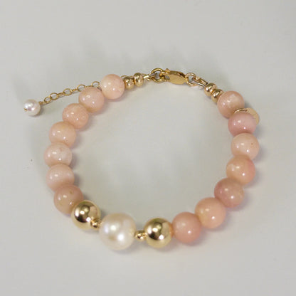 MXW Jewellery pink opal beaded bracelet with stamped initial disc and premium freshwater pearl.