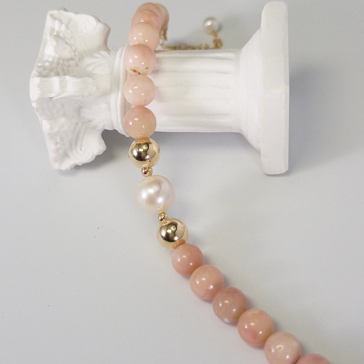 MXW Jewellery pink opal beaded bracelet with stamped initial disc and premium freshwater pearl.