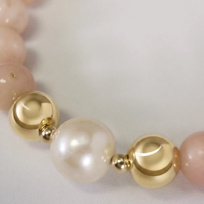MXW Jewellery pink opal beaded bracelet with stamped initial disc and premium freshwater pearl.