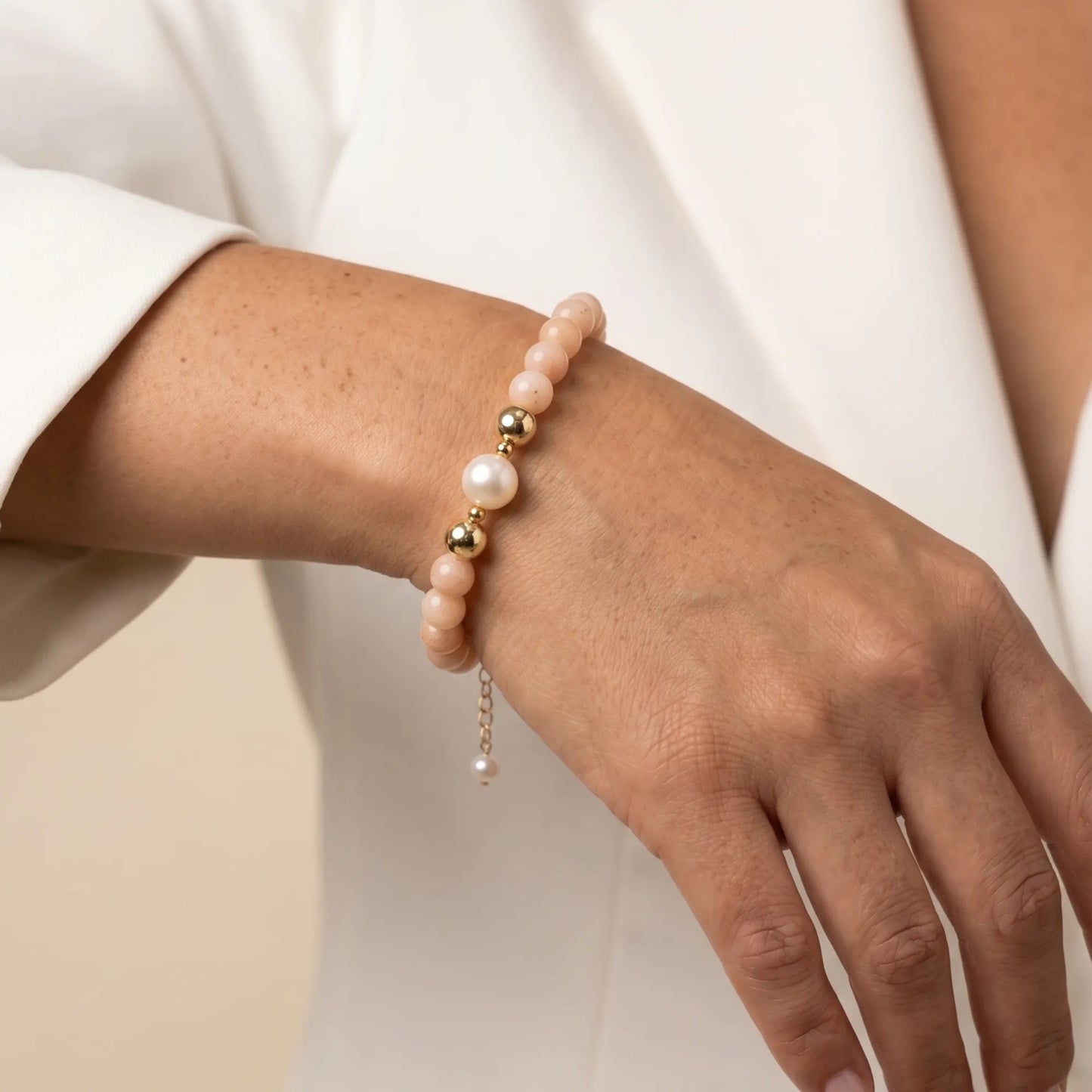 MXW Jewellery pink opal beaded bracelet with stamped initial disc and premium freshwater pearl.