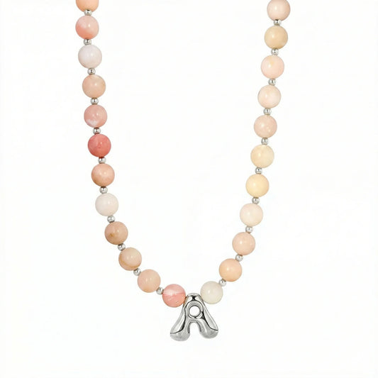 Natural pink opal and 925 sterling silver beaded necklace with personalised bubble initial charm, hand-finished in Australia