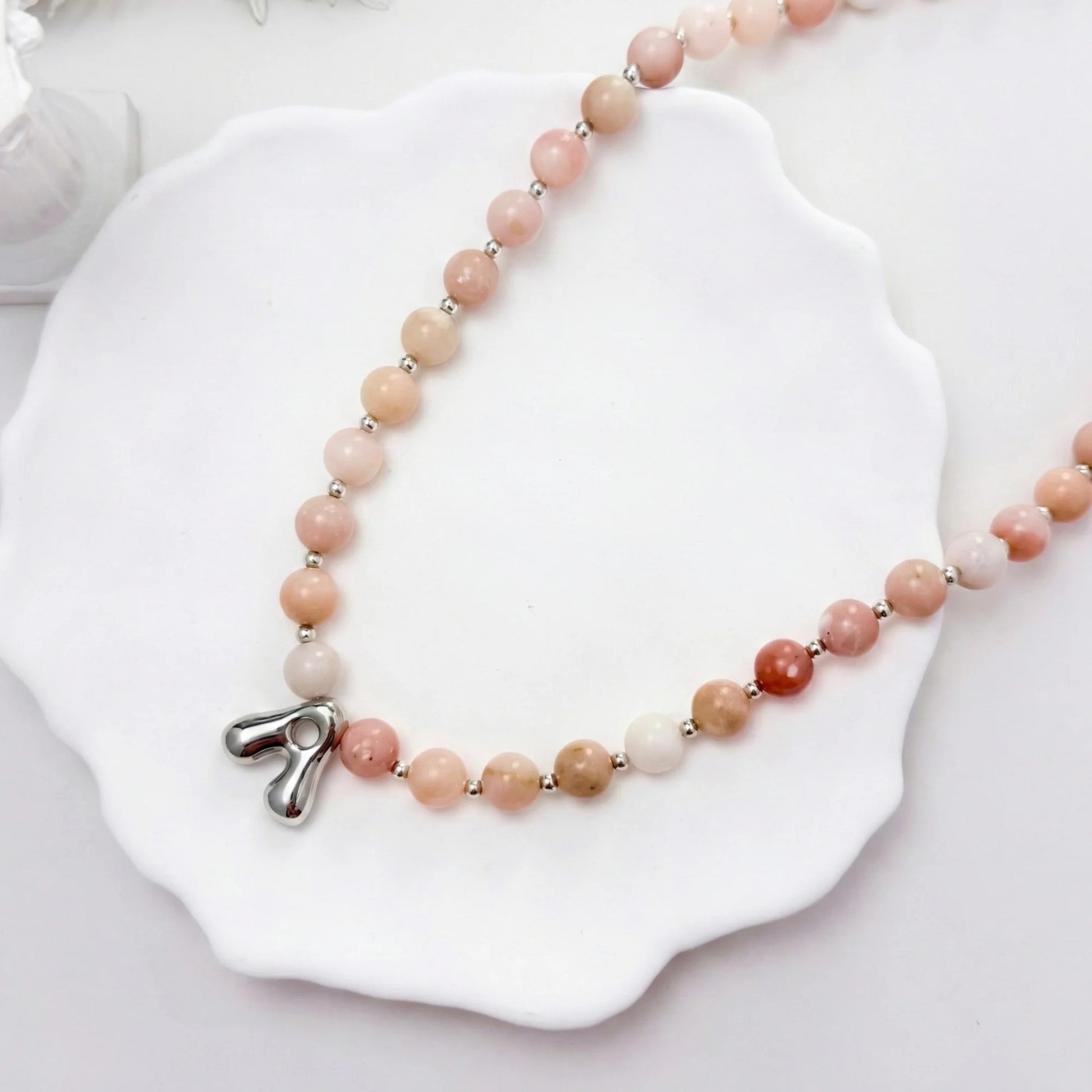 Natural pink opal and 925 sterling silver beaded necklace with personalised bubble initial charm, hand-finished in Australia
