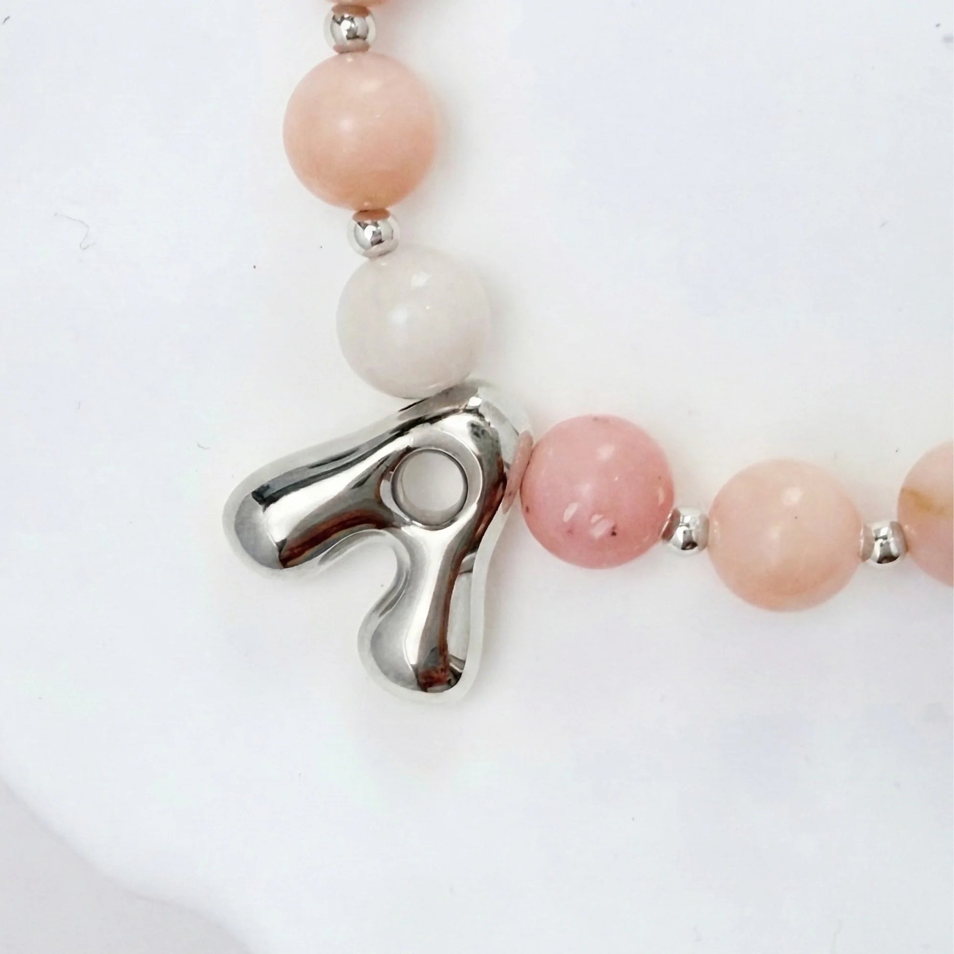 Natural pink opal and 925 sterling silver beaded necklace with personalised bubble initial charm, hand-finished in Australia