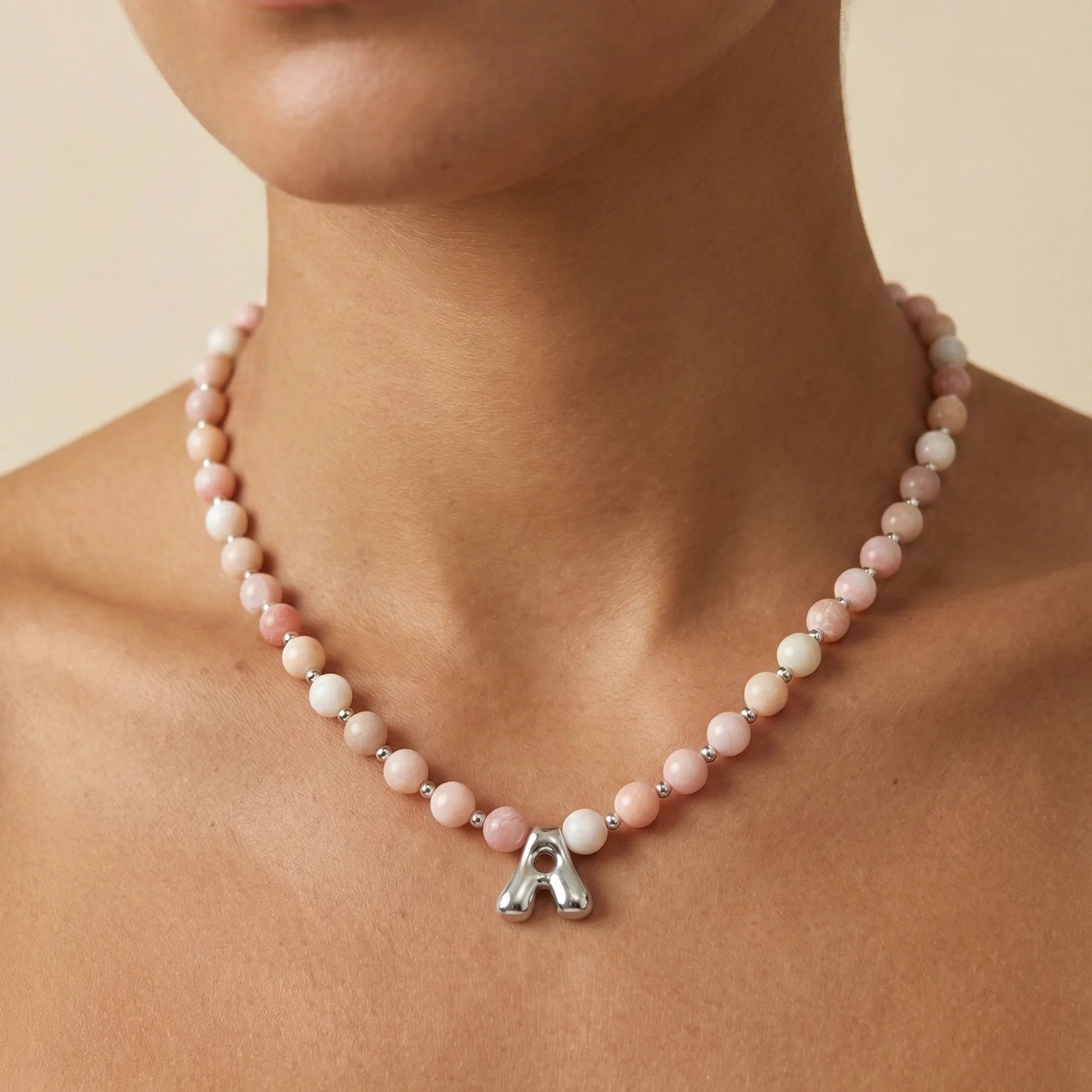 Natural pink opal and 925 sterling silver beaded necklace with personalised bubble initial charm, hand-finished in Australia