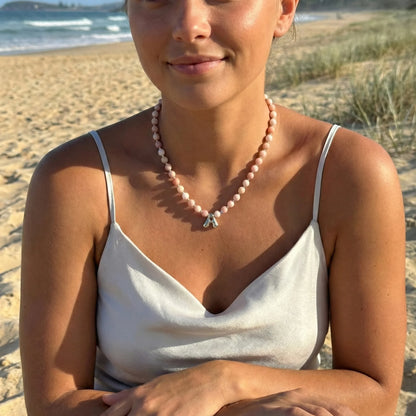 Natural pink opal and 925 sterling silver beaded necklace with personalised bubble initial charm, hand-finished in Australia