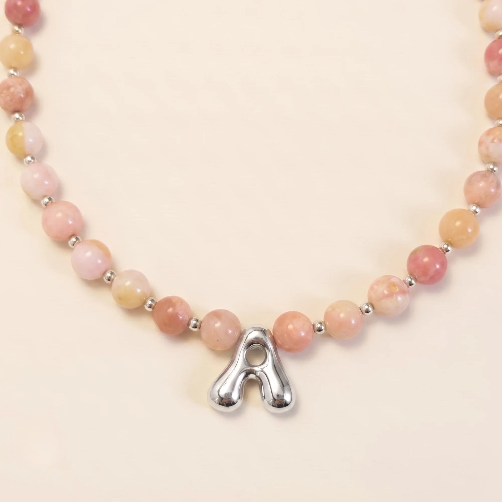 Natural pink opal and 925 sterling silver beaded necklace with personalised bubble initial charm, hand-finished in Australia