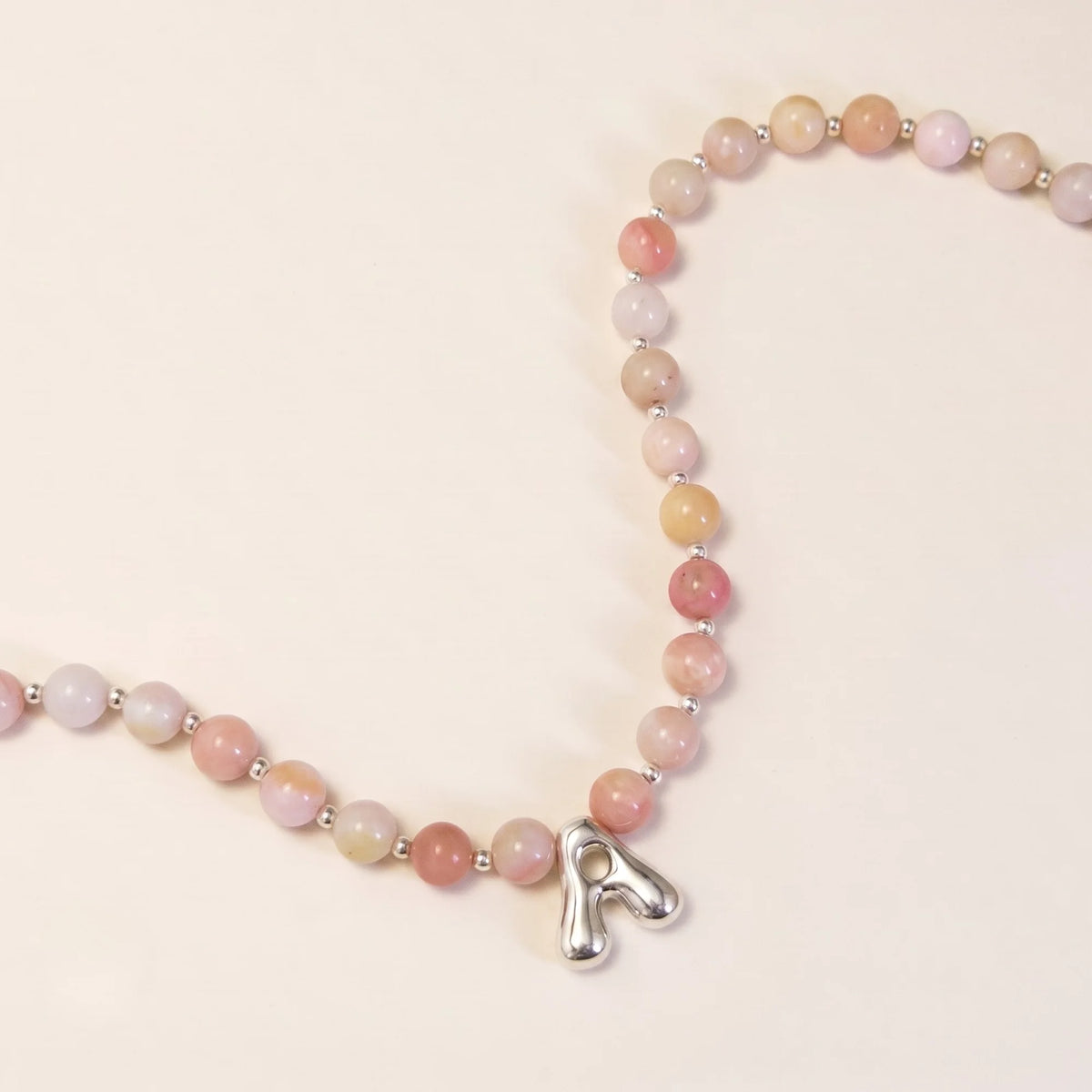Natural pink opal and 925 sterling silver beaded necklace with personalised bubble initial charm, hand-finished in Australia