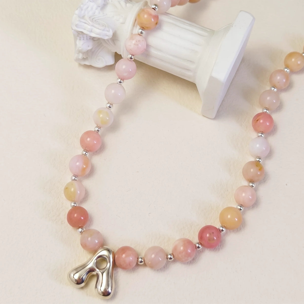 Natural pink opal and 925 sterling silver beaded necklace with personalised bubble initial charm, hand-finished in Australia