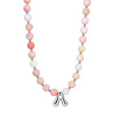 Natural pink opal and 925 sterling silver beaded necklace with personalised bubble initial charm, hand-finished in Australia