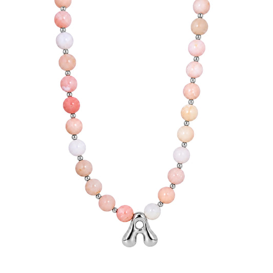 Natural pink opal and 925 sterling silver beaded necklace with personalised bubble initial charm, hand-finished in Australia