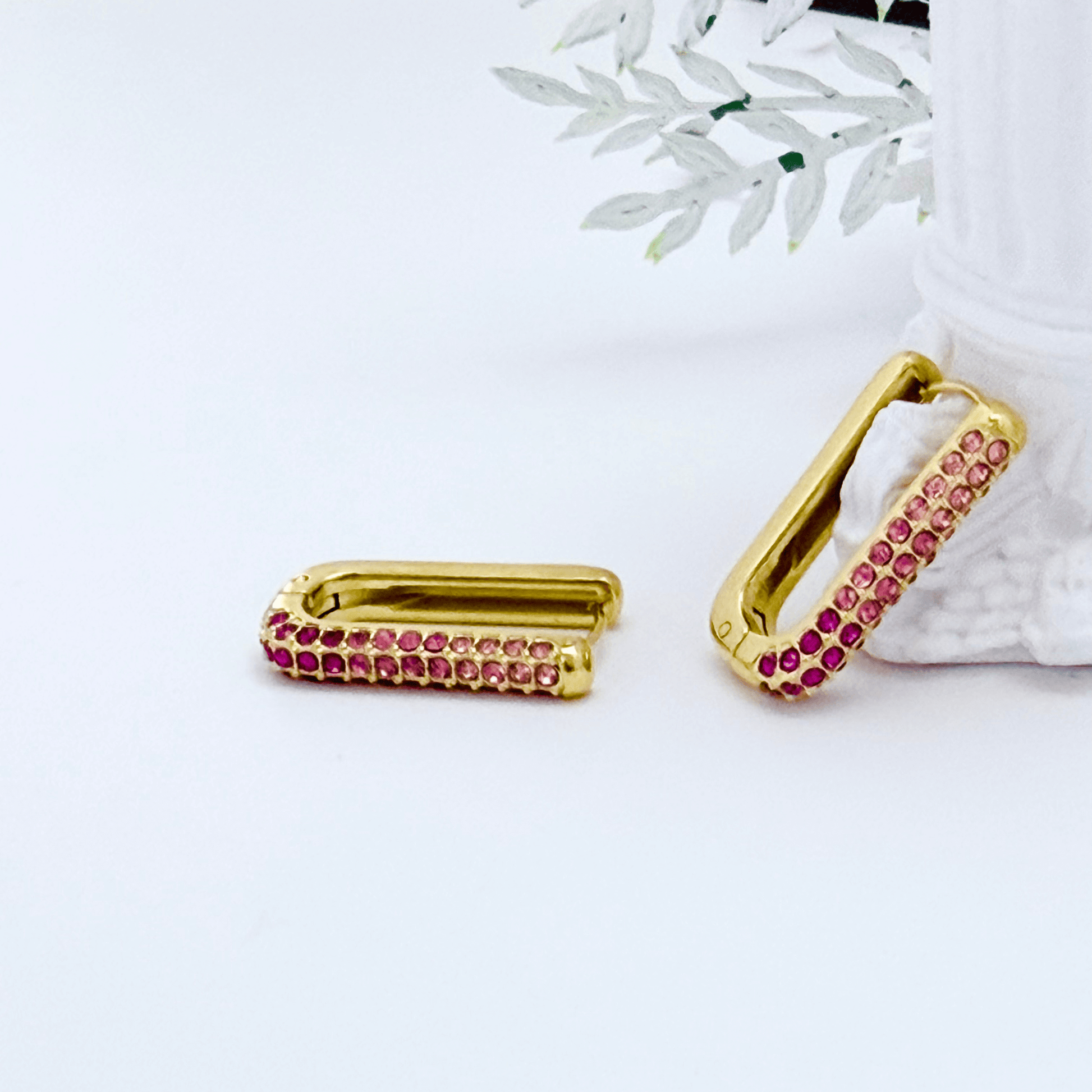 Pink Pavé Gold Rectangular Huggie Earrings – MXW Jewellery