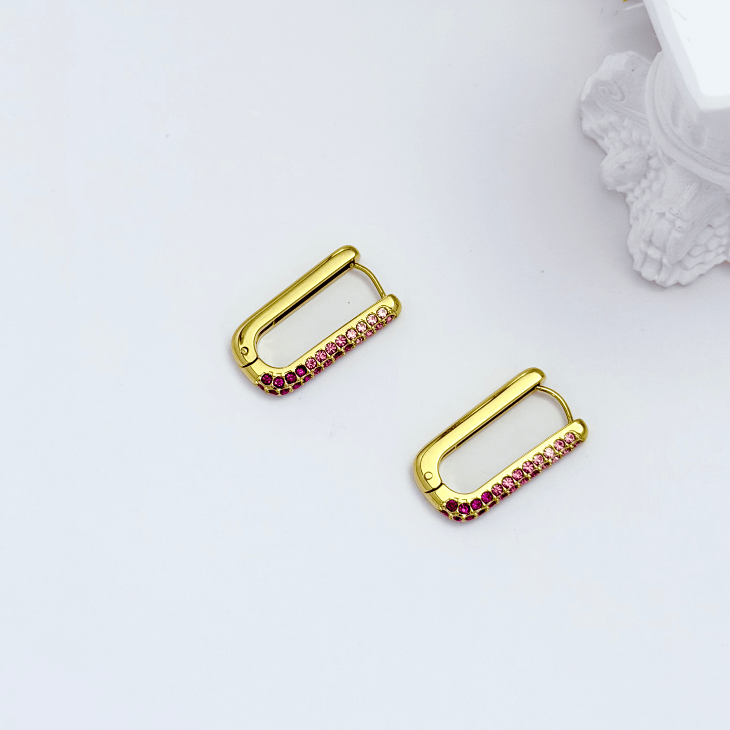 Pink Pavé Gold Rectangular Huggie Earrings – MXW Jewellery