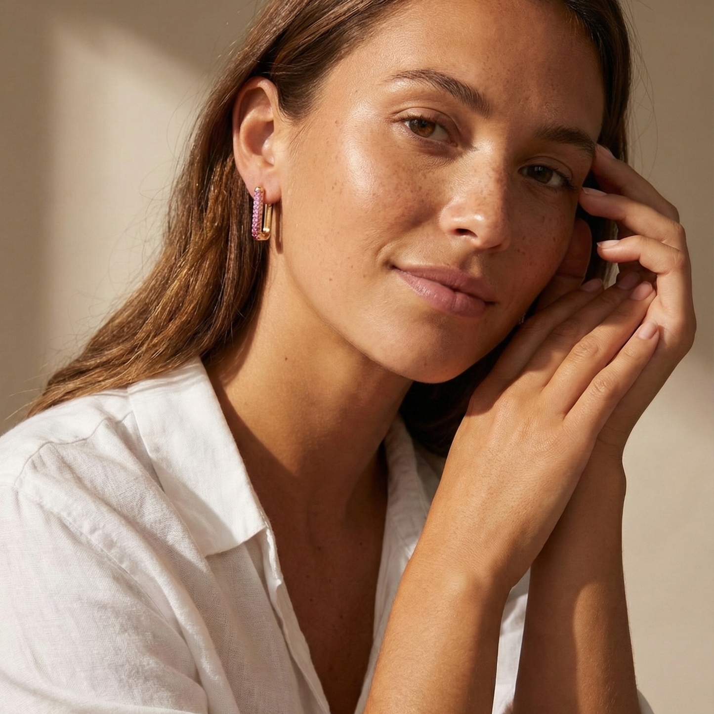 Pink Pavé Gold Rectangular Huggie Earrings – MXW Jewellery