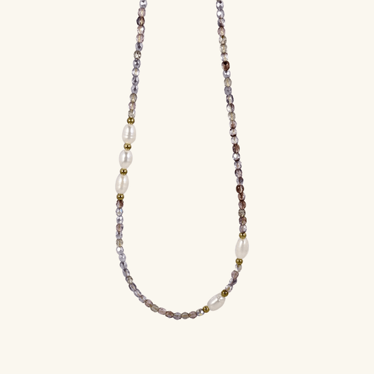 Handmade necklace with 3mm purple Czech glass beads and freshwater pearls, finished with gold or silver findings.