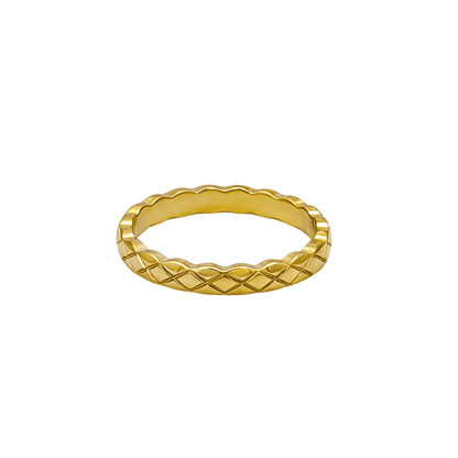Slim quilted gold band ring with textured designer-inspired pattern.