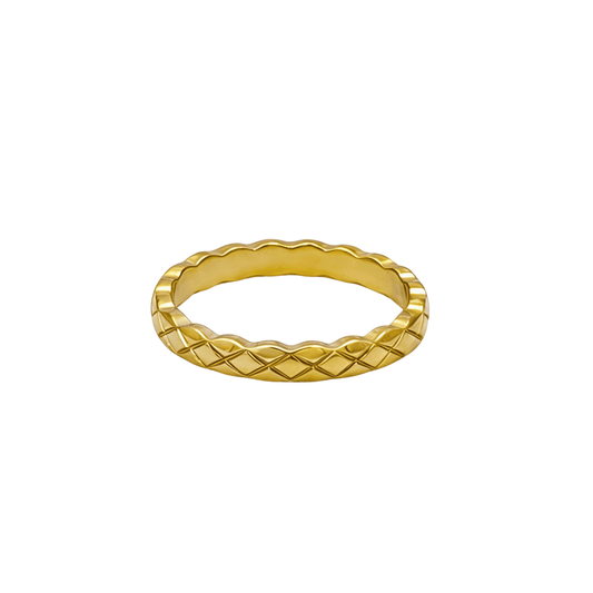Slim quilted gold band ring with textured designer-inspired pattern.