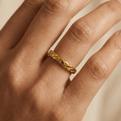 Slim quilted gold band ring with textured designer-inspired pattern.