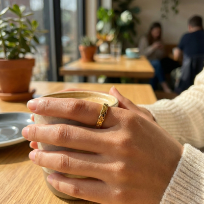 Slim quilted gold band ring with textured designer-inspired pattern.