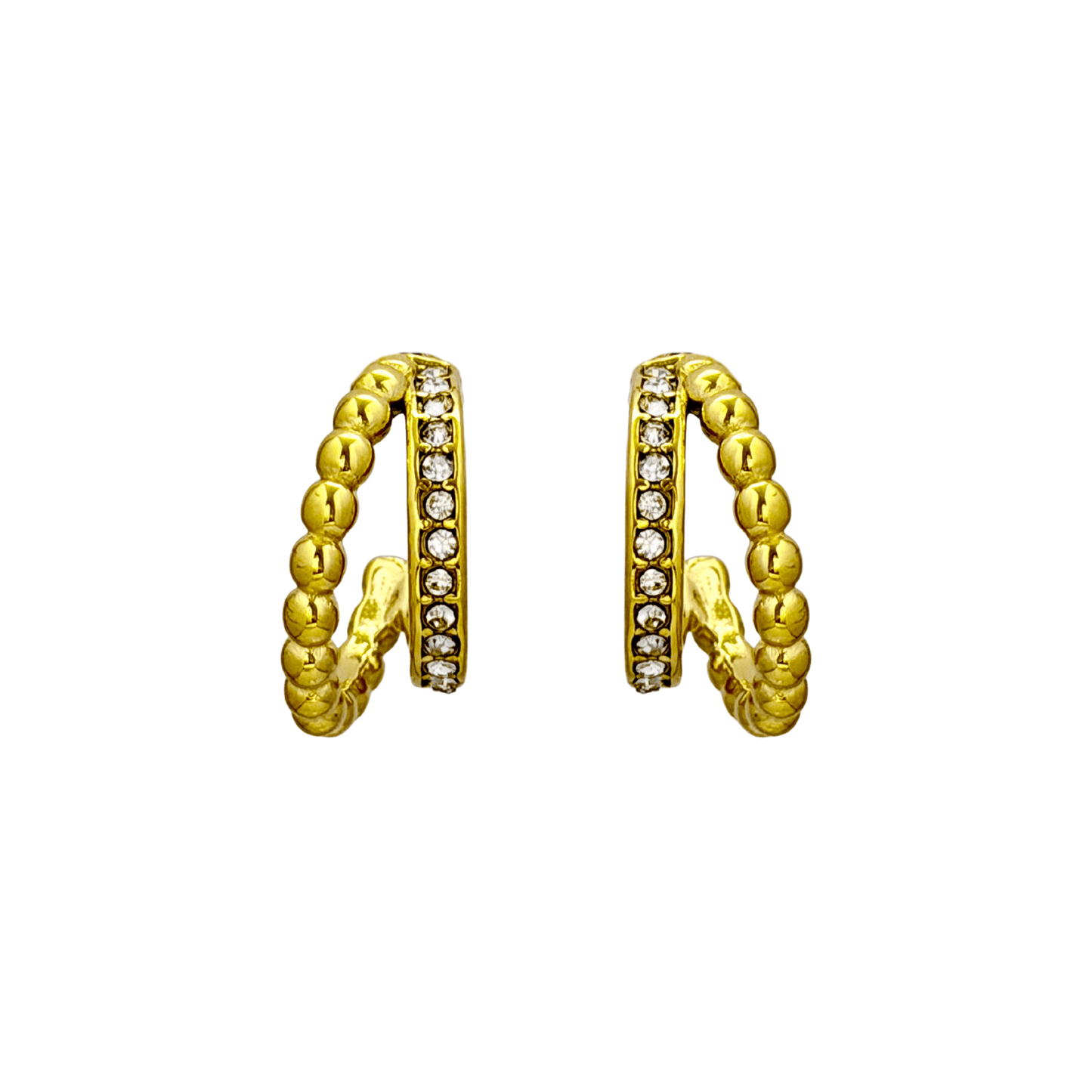 Radiant Duo Hoop Earrings with crystal row and bead-shaped gold detail