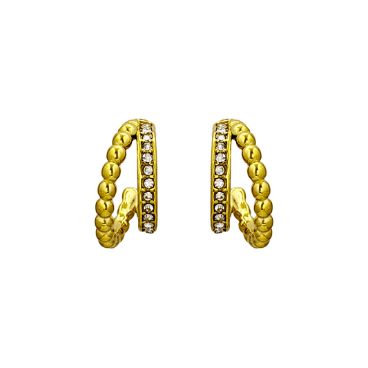 Radiant Duo Hoop Earrings with crystal row and bead-shaped gold detail