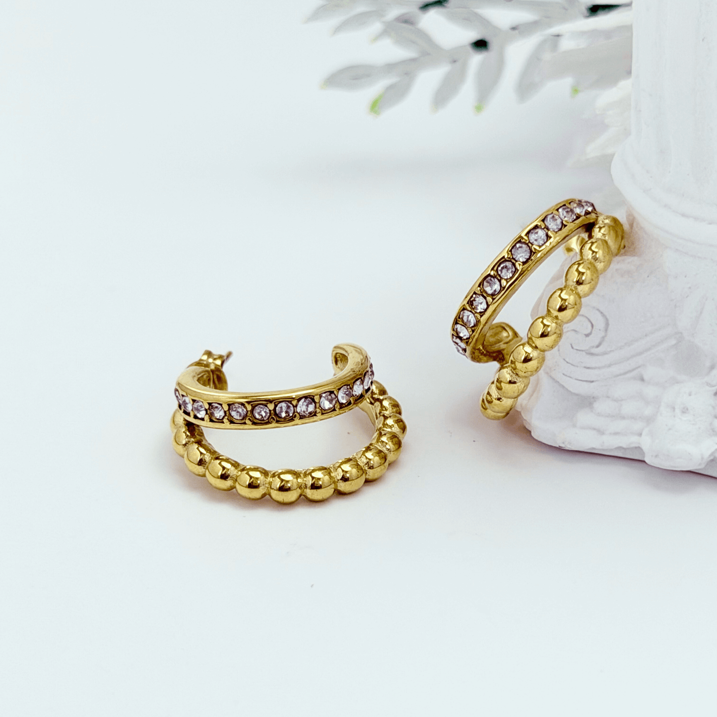 Radiant Duo Hoop Earrings with crystal row and bead-shaped gold detail