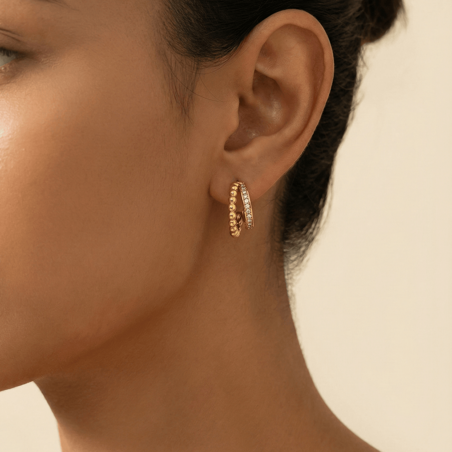 Radiant Duo Hoop Earrings with crystal row and bead-shaped gold detail