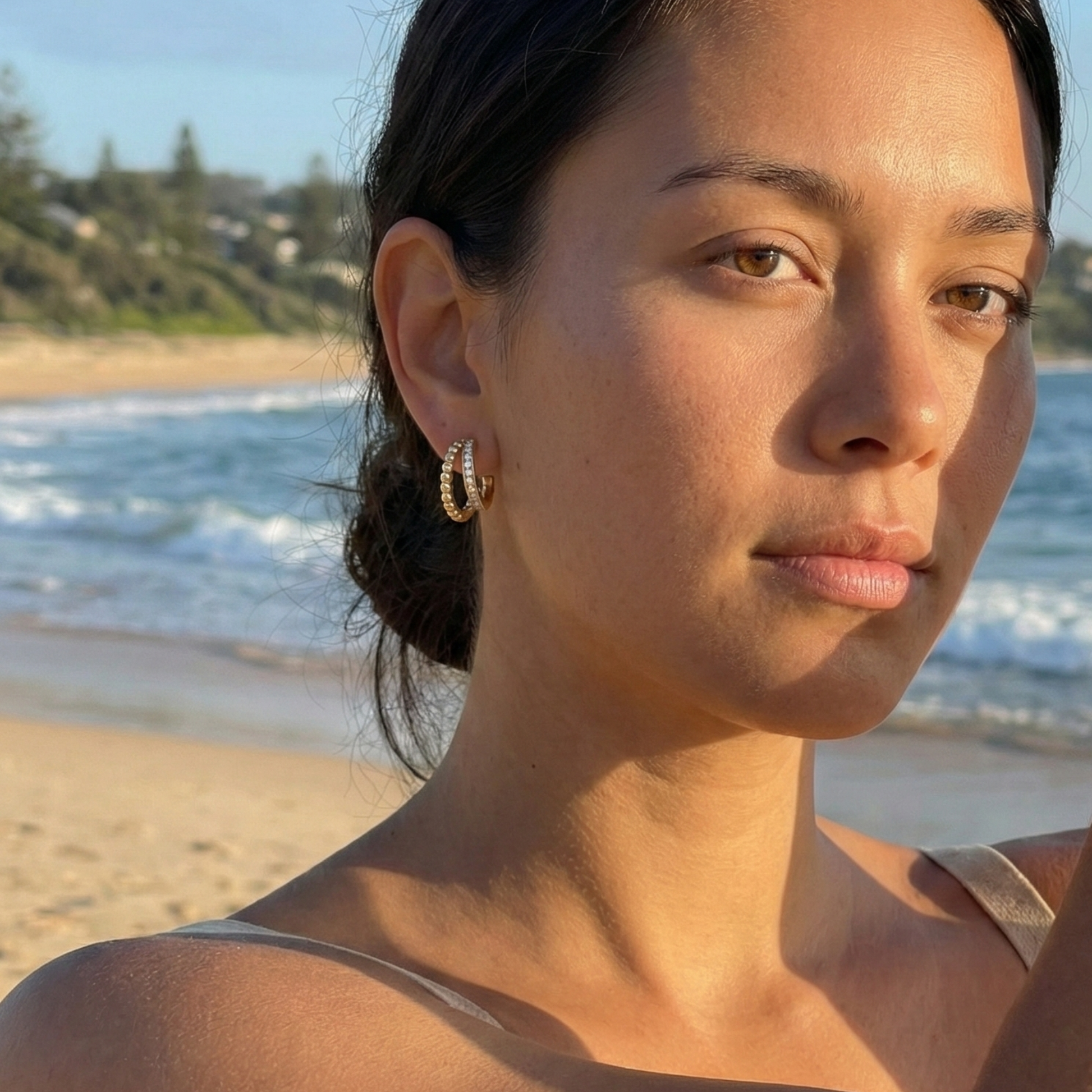 Radiant Duo Hoop Earrings with crystal row and bead-shaped gold detail