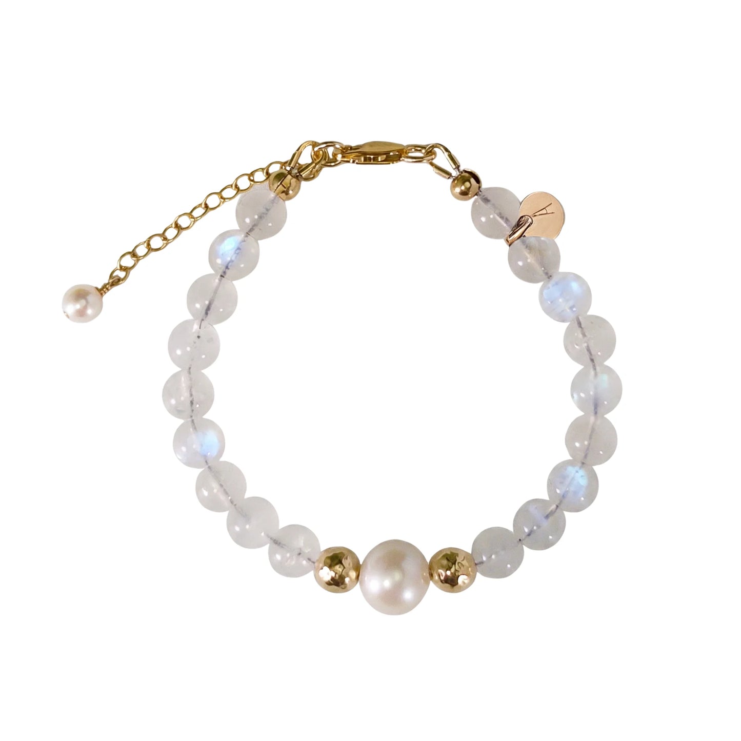Rainbow moonstone, pearl and initial gold bracelet featuring luminous gemstone beads, lustrous freshwater pearls and a personalised gold-filled stamped initial disc.