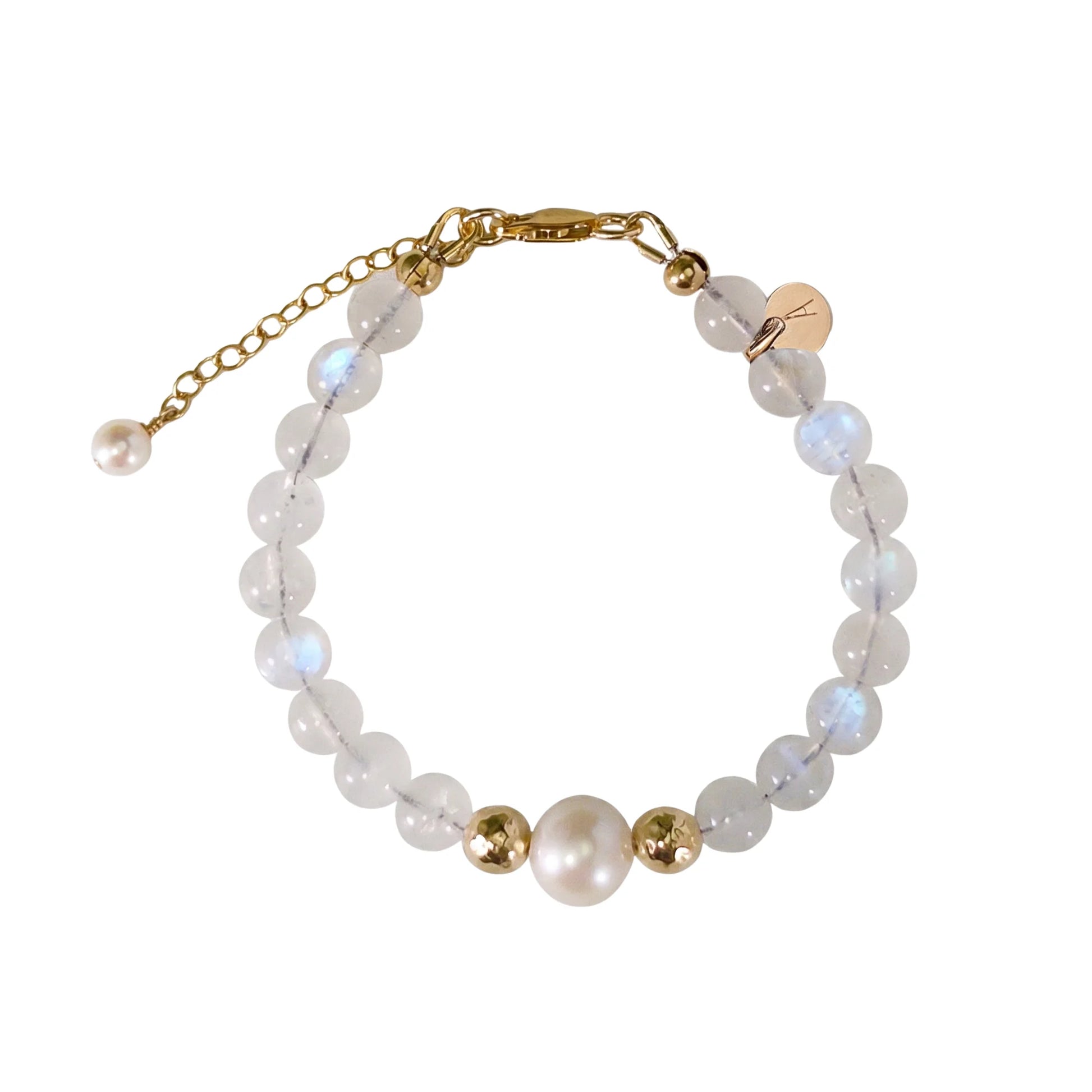 Rainbow moonstone, pearl and initial gold bracelet featuring luminous gemstone beads, lustrous freshwater pearls and a personalised gold-filled stamped initial disc.