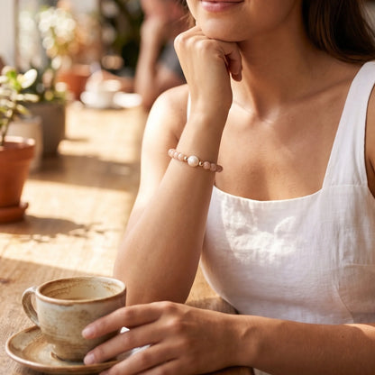A 14k gold filled beaded bracelet featuring red rabbit hair quartz and premium freshwater pearl with stamped initial disc - MXW Jewellery