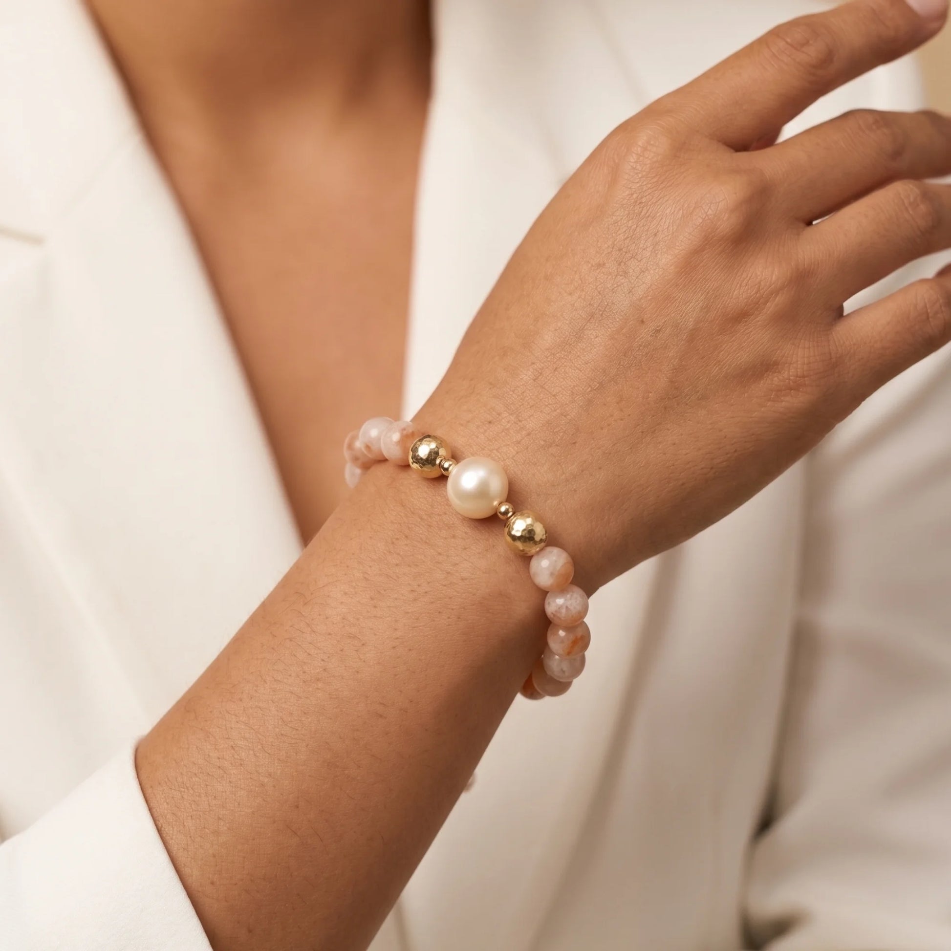A 14k gold filled beaded bracelet featuring red rabbit hair quartz and premium freshwater pearl with stamped initial disc - MXW Jewellery