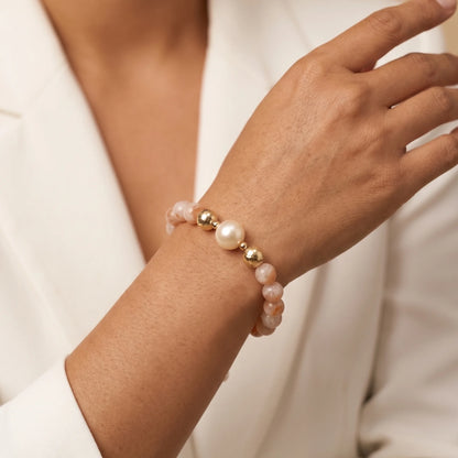 A 14k gold filled beaded bracelet featuring red rabbit hair quartz and premium freshwater pearl with stamped initial disc - MXW Jewellery