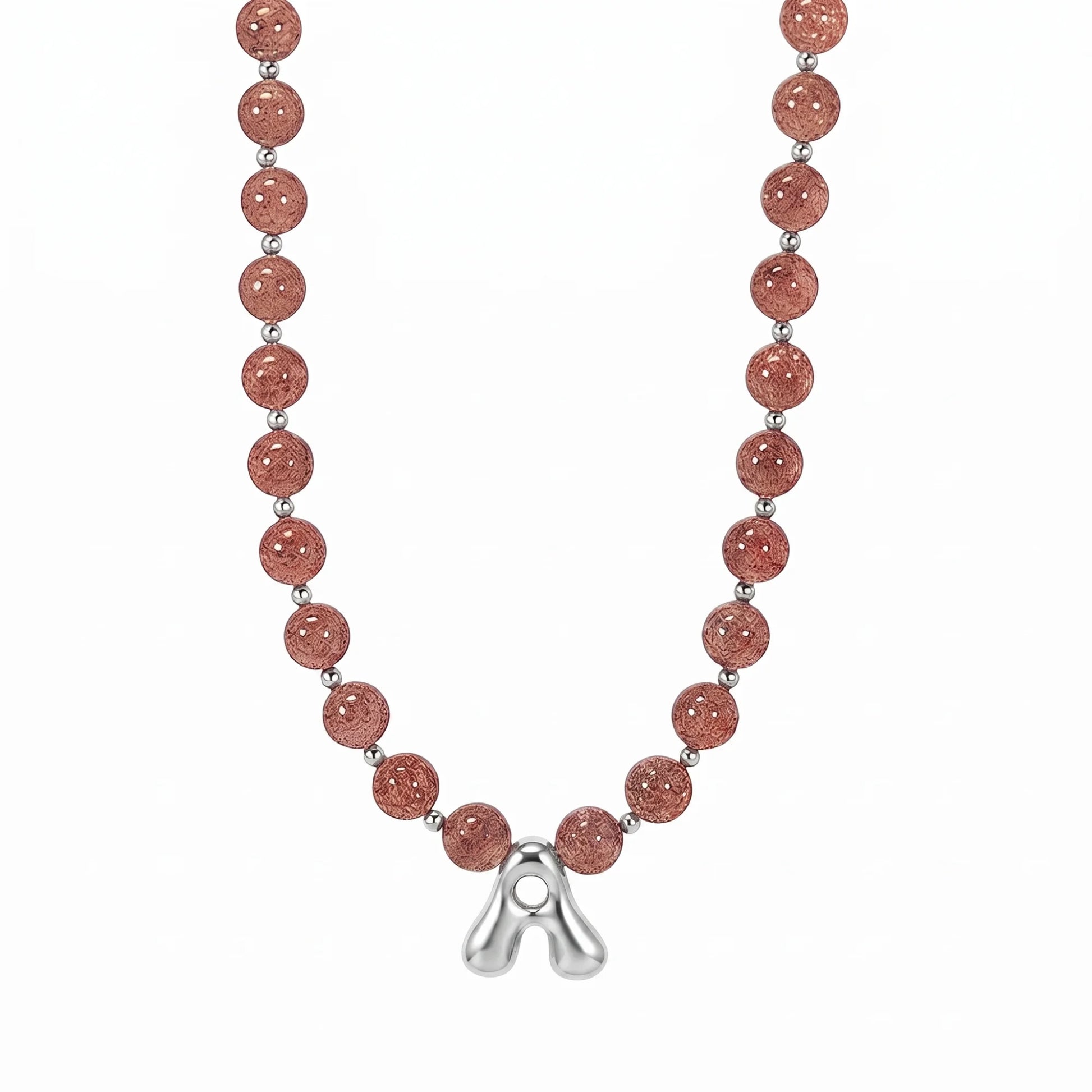 MXW Jewellery Red strawberry quartz beaded necklace with a silver bubble initial pendant.