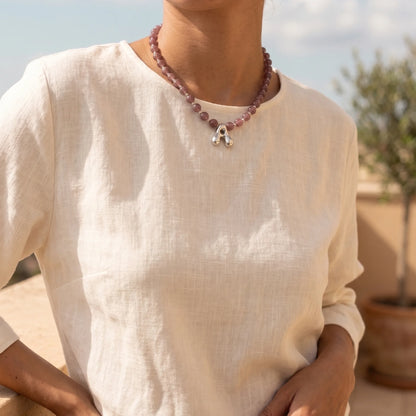 MXW Jewellery Red strawberry quartz beaded necklace with a silver bubble initial pendant.
