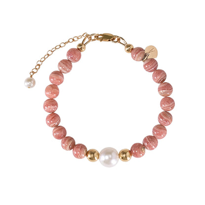 Rhodochrosite, pearl and initial gold bracelet featuring natural pink gemstone beads, lustrous freshwater pearls and a personalised gold-filled stamped initial disc.